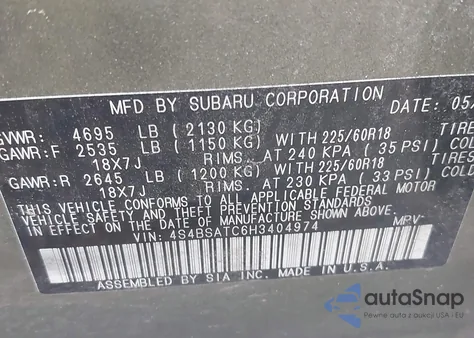 2017 Subaru Outback 2.5I Touring from USA, damaged, VIN 4S4BSATC6H3404974